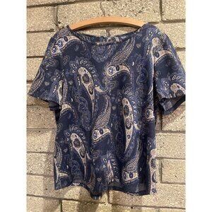 Anthropologie Navy & Gold Paisley Print Short Sleeve Top XL - Elegant Boho Style
